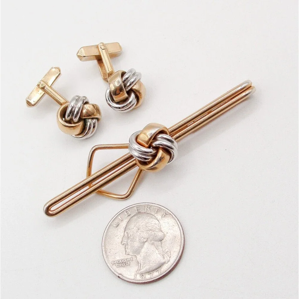 Vintage Swank Two Tone Gold Silver Love Knot Cufflinks Tie Clip Set Mens Jewelry